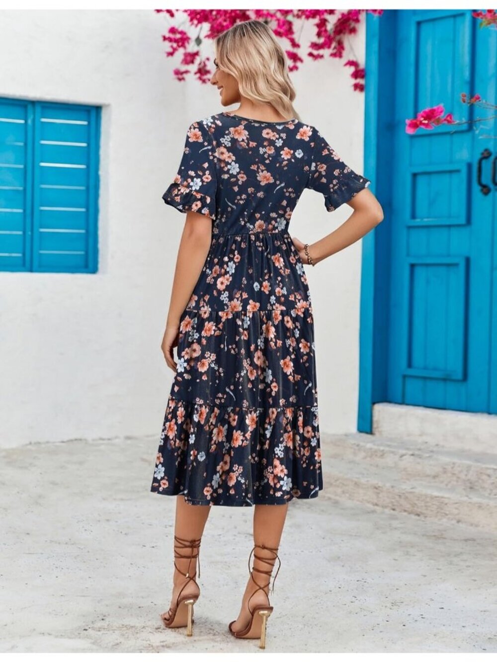 Zeagoo Women's Navy Blue Floral Tiered Casual Neck Ruffle Short Midi Maxi Dress - Picture 6 of 6